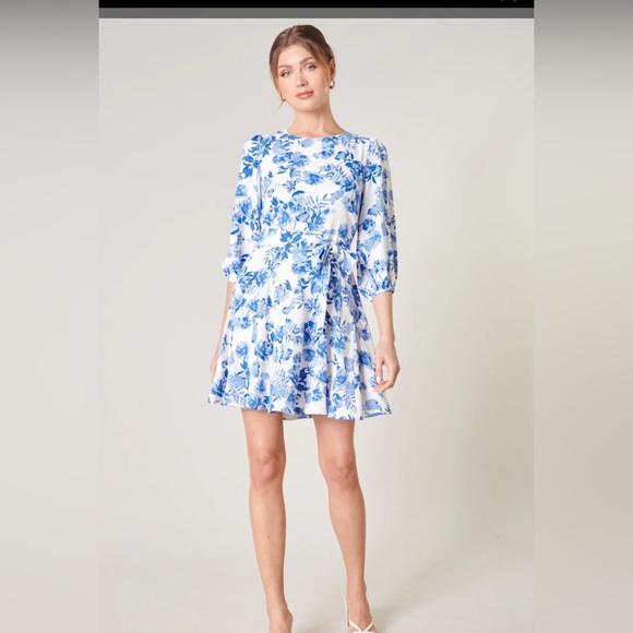 SUGARLIPS Antoinette Blue Floral Balloon Sleeve Derby Dress SIZE MED - Picture 3 of 14